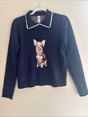 Belldini Navy Crew Sweater with Chihuahua Motif and White Trim